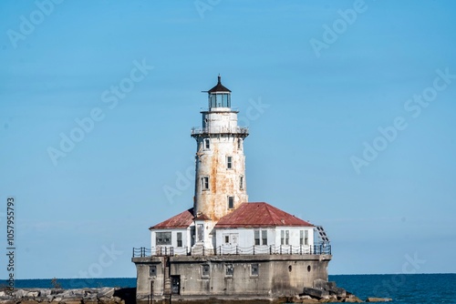 Obraz na płótnie The Chicago Harbor Lighthouse in Lake Michigan - Located east of Chicago, IL near Navy Pier w salonie