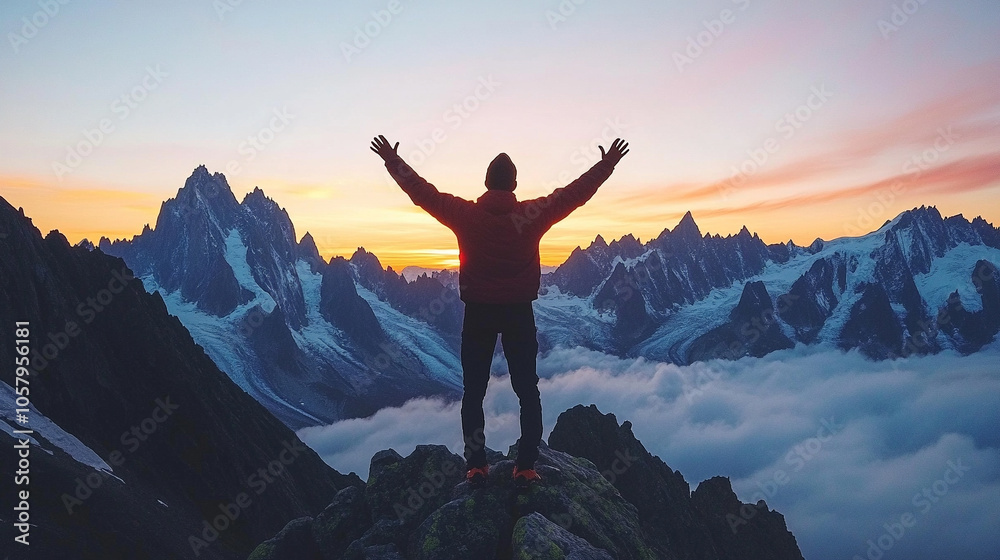 silhouette of a man stands on a mountain peak, arms raised in triumph against a dramatic sunset sky, symbolizing success, achievement, and the human spirit’s resilience in overcoming challenges silhouette of a man stands on a mountain peak, arms raised in triumph against a dramatic sunset sky, symbolizing success, achievement, and the human spirit’s resilience in overcoming challenges