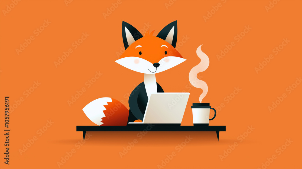 Obraz premium Illustration of a cute cartoon fox using a laptop, sitting on a table with a coffee cup, on an orange background.