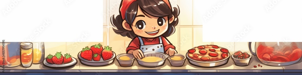 Cheerful girl baking pies at a kitchen counter, surrounded by fresh ingredients. Cheerful girl baking pies at a kitchen counter, surrounded by fresh ingredients.