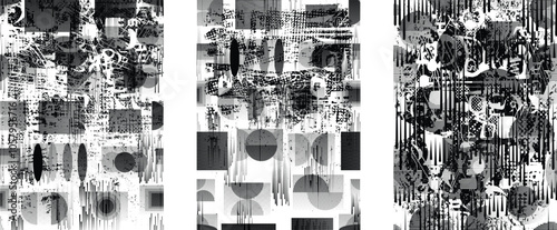 Set of glitch distorted grunge overlay textures. Collection of overlaying textures with halftone dots, scratches and lines .Screen print vector layers pack. Overlays with grunge textured surface