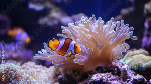 A vibrant orange and white clownfish swims amongst the tentacles of a pale purple anemone in a tropical reef tank.