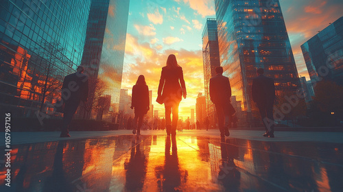 Silhouetted business professionals stand united against a dynamic digital cityscape, symbolizing teamwork, innovation, and growth. The futuristic skyline emphasizes ambition and a global vision