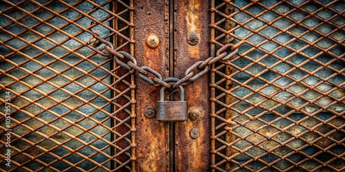 Medium shot of iron lattice door locked with metal chain and padlock