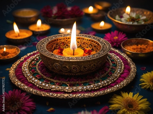 The water’s surface glows with Diwali’s festive lights, creating a beautiful and tranquil scene photo