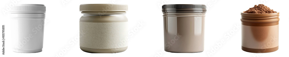 Set, collection of Protein powder container isolated on transparent background Set, collection of Protein powder container isolated on transparent background