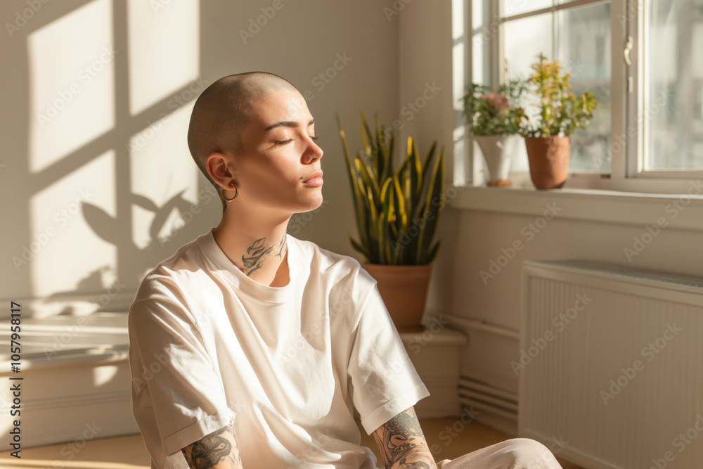 Non-binary individual with tattoos sitting peacefully in a sunlit room, eyes closed in a meditative state, surrounded by indoor plants and natural light Non-binary individual with tattoos sitting peacefully in a sunlit room, eyes closed in a meditative state, surrounded by indoor plants and natural light