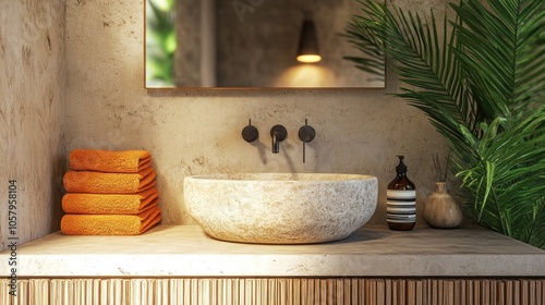 Stone sink in modern bathroom with towels, plant and a bottle of soap. photo