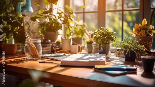 Cozy workspace with sunlight and abundant green plants on a wooden desk.