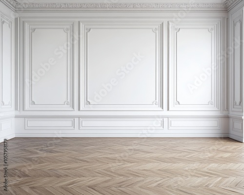 A spacious, elegant room with white walls and wooden herringbone flooring.