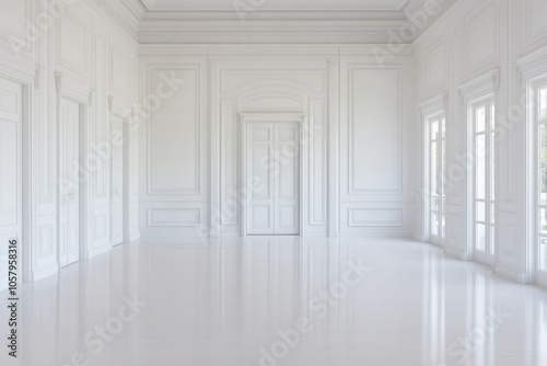 A spacious, minimalistic white room with elegant architectural details.