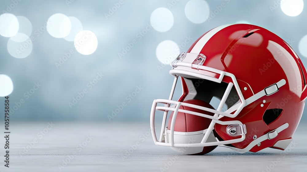 Fototapeta premium A football helmet and ball rest on the field, surrounded by enthusiastic fans in a stadium, conveying the energy and passion of American football