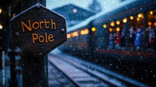 North Pole Train station with Christmas Santa express train awaiting for children, snowing outside with steam, Christmas lights and spirits, beautiful night, full of joy, magical moment, xmas holidays photo