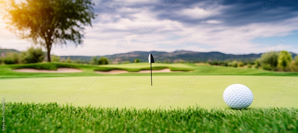 Golf Ball on Green. Idyllic Golf Course Landscape with Green Grass, Cloudy Evening Sky. Golf Ball on Green. Idyllic Golf Course Landscape with Green Grass, Cloudy Evening Sky.
