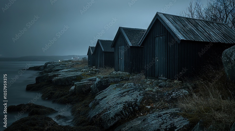 Row of dilapidated dwellings perched atop rugged bluff overlooking turbulent sea amidst dense fog Row of dilapidated dwellings perched atop rugged bluff overlooking turbulent sea amidst dense fog