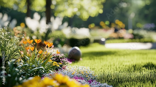  Lush green grass, vibrant flowers , verdant field