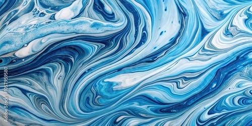 Minimalist abstract pattern of swirling blue and white marble texture background