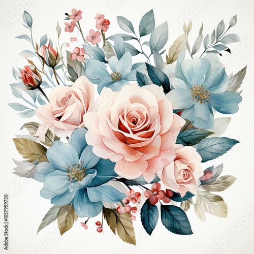 Elegant bouquet of pastel roses and blue flowers with green foliage, creating a serene floral arrangement.