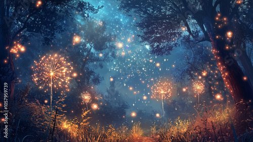 Colorful fireworks burst against a dreamy bokeh backdrop, creating a vibrant, festive atmosphere that captures the joy of New Year celebrations