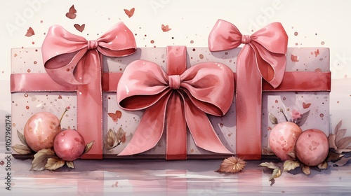 Elegant gift boxes adorned with pink ribbons, surrounded by decorative ornaments and leaves.