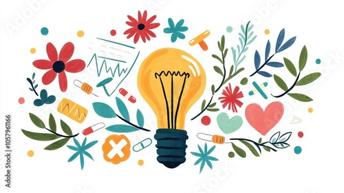   An illustration of a light bulb encircled by flwrs & dcrmtm itms, incl heartflwrs, flwrz, lvz & ar photo