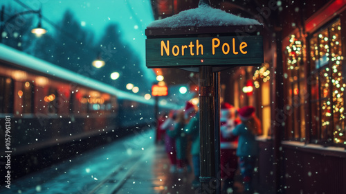 North Pole Train station with Christmas Santa express train awaiting for children, snowing outside with steam, Christmas lights and spirits, beautiful night, full of joy, magical moment, xmas holidays