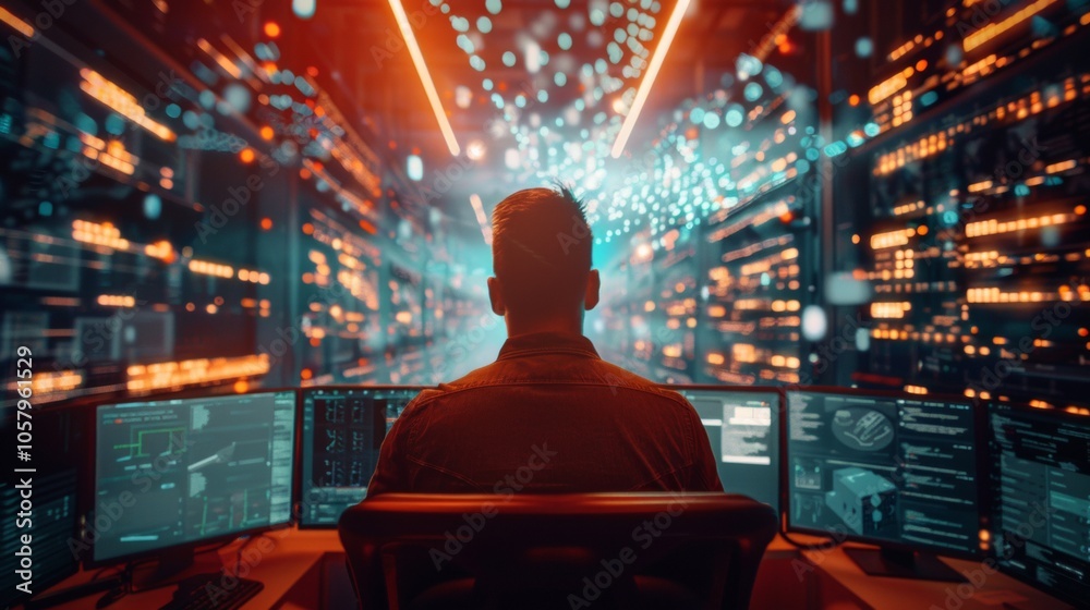 Person monitoring data in a high-tech server room Person monitoring data in a high-tech server room