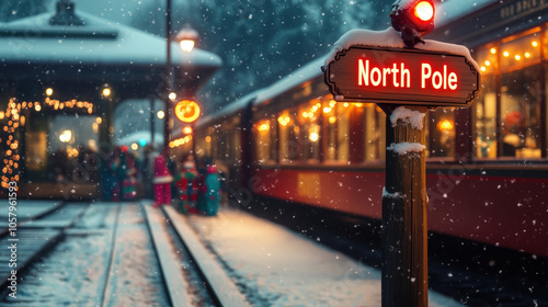 North Pole Train station with Christmas Santa express train awaiting for children, snowing outside with steam, Christmas lights and spirits, beautiful night, full of joy, magical moment, xmas holidays