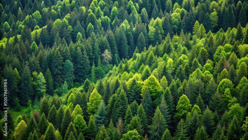 Obraz premium Minimalist hillside of dense mixed forest of green coniferous and deciduous trees