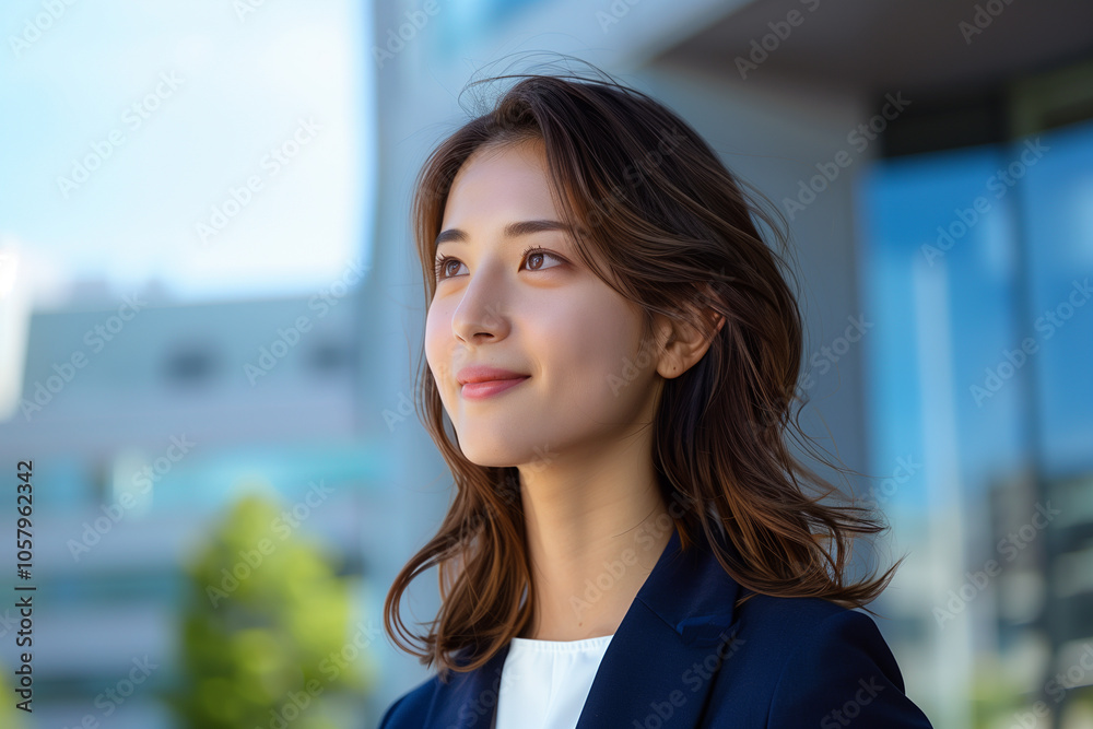 青空に映えるネイビースーツのビジネスウーマン