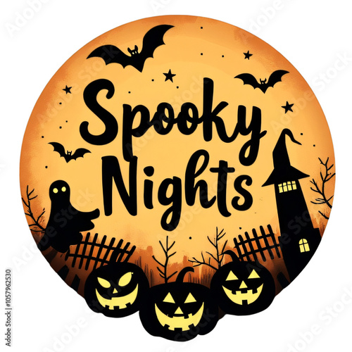 Spooky Nights Halloween Circle Design with Ghosts, Pumpkins, and Bats photo