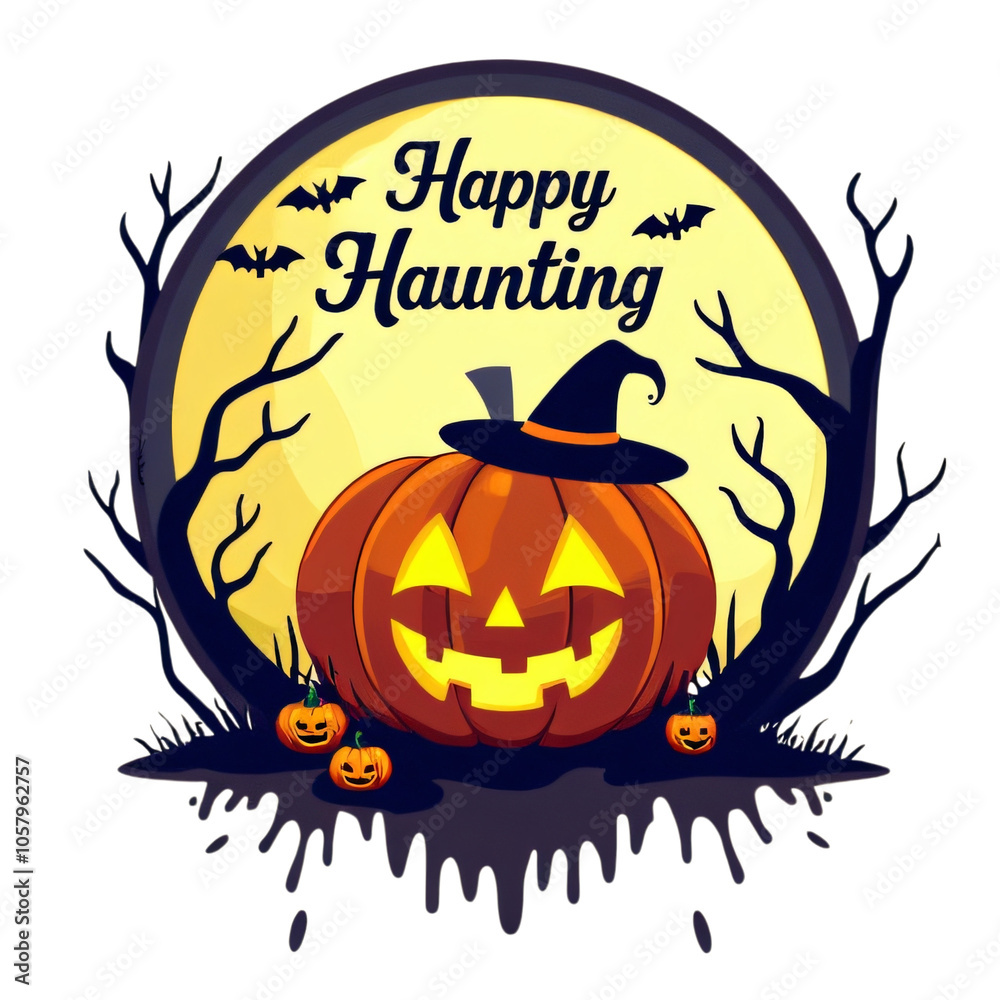 Happy Haunting Halloween Pumpkin with Witch Hat Design Happy Haunting Halloween Pumpkin with Witch Hat Design
