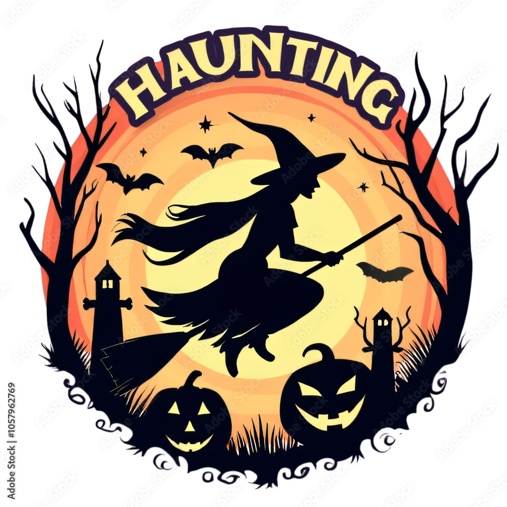 Halloween Witch Flying on Broom in Spooky Circle Design Halloween Witch Flying on Broom in Spooky Circle Design