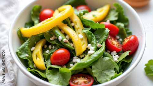 Fresh summer salad in a bowl with cherry tomatoes, yellow bell pepper slices, and crumbled feta cheese on top.