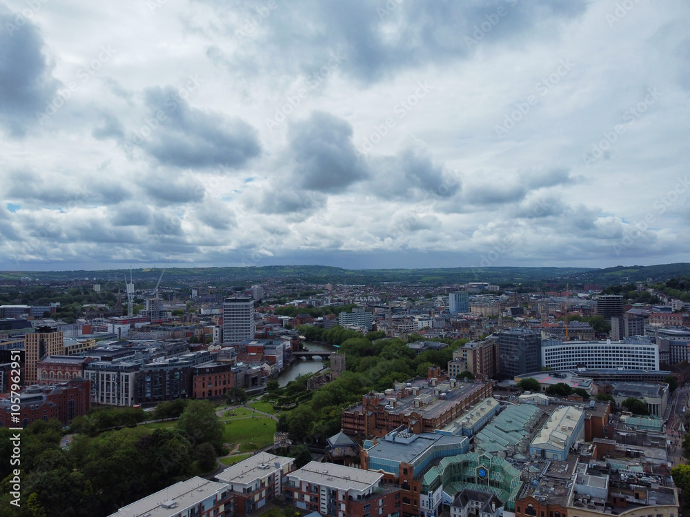 Fototapeta premium An Aerial View of Buildings at Central Bristol City of Southwest of England, United Kingdom. May 27th, 2024. The High Angle Footage Was Captured with Drone's Camera from High Altitude.