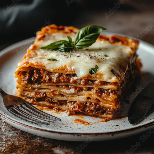 Traditional Italian Lasagna with Layers of Pasta, Rich Meat Sauce, Creamy Béchamel, and Melted Mozzarella photo