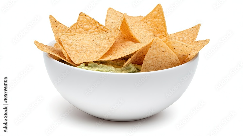 A white bowl holds smooth guacamole paired with crispy tortilla chips, set against a light gray backdrop, inviting for a tasty and colorful snack experience A white bowl holds smooth guacamole paired with crispy tortilla chips, set against a light gray backdrop, inviting for a tasty and colorful snack experience