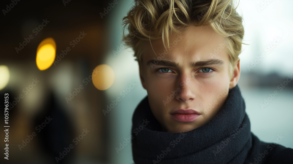 Beautiful blond man with striking blue eyes posing in a cozy urban environment Beautiful blond man with striking blue eyes posing in a cozy urban environment