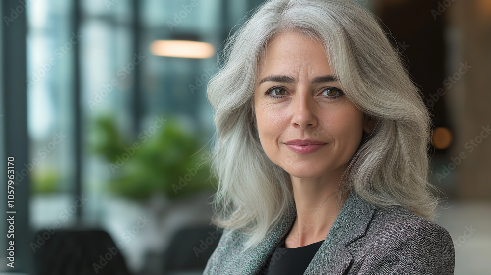 Middle-aged woman in business attire smiling confidently in office