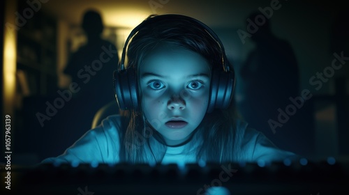 Little Girl Focused on Gaming Wearing Headphones in Low Light 