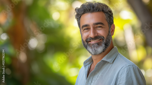 Middle-aged man smiling in nature with a beard and casual shirt