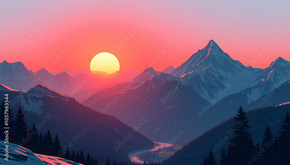Alpine Mountain Panorama at Magical Red Sunrise isolated with white highlights, png Alpine Mountain Panorama at Magical Red Sunrise isolated with white highlights, png