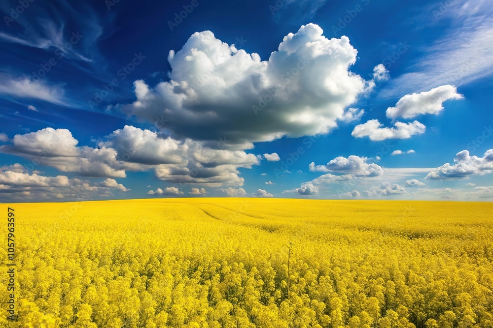 Obraz premium Minimalist rapeseed field with blue sky and white clouds horizon