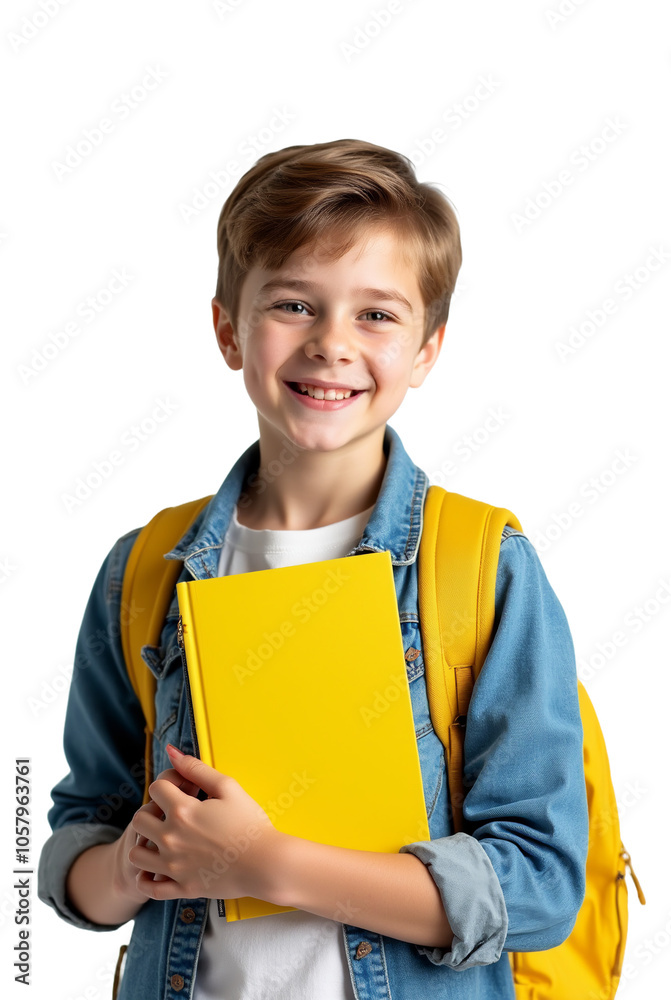 Criança menino estudante sorridente com livro amarelo em fundo transparente 3 Criança menino estudante sorridente com livro amarelo em fundo transparente 3