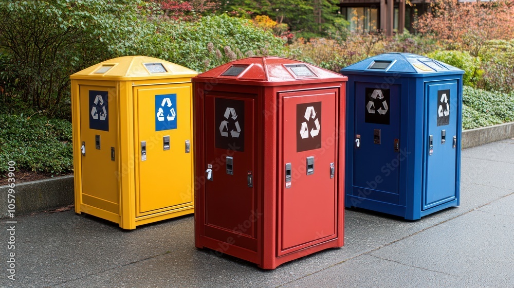 Three colorful recycling bins with recycle symbols. Three colorful recycling bins with recycle symbols.