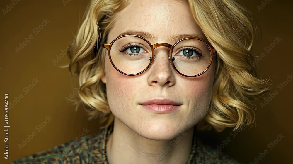 A young woman with blonde curly hair and glasses looks directly at the camera