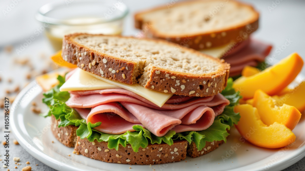 Delicious open-faced sandwich with meat and cheese on top of a plate. Delicious open-faced sandwich with meat and cheese on top of a plate.