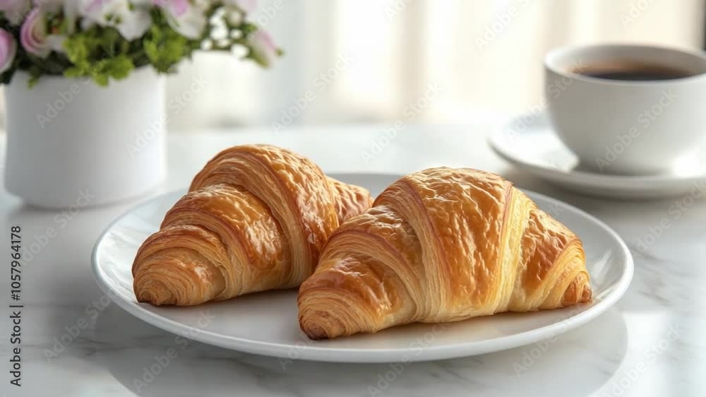 Freshly baked croissants on a plate beside a cup of coffee in a bright cafe Freshly baked croissants on a plate beside a cup of coffee in a bright cafe