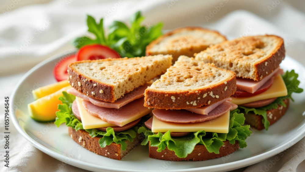 A mouthwatering club sandwich with multiple layers of meat, cheese, and veggies on wheat bread. A mouthwatering club sandwich with multiple layers of meat, cheese, and veggies on wheat bread.