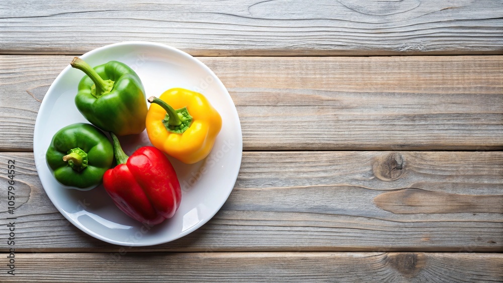 Minimalist vibrant frozen peppers on white plate against wooden background Minimalist vibrant frozen peppers on white plate against wooden background